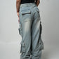 Mid Waist Cargo Denim Pants