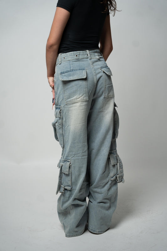 Mid Waist Cargo Denim Pants