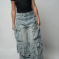 Mid Waist Cargo Denim Pants
