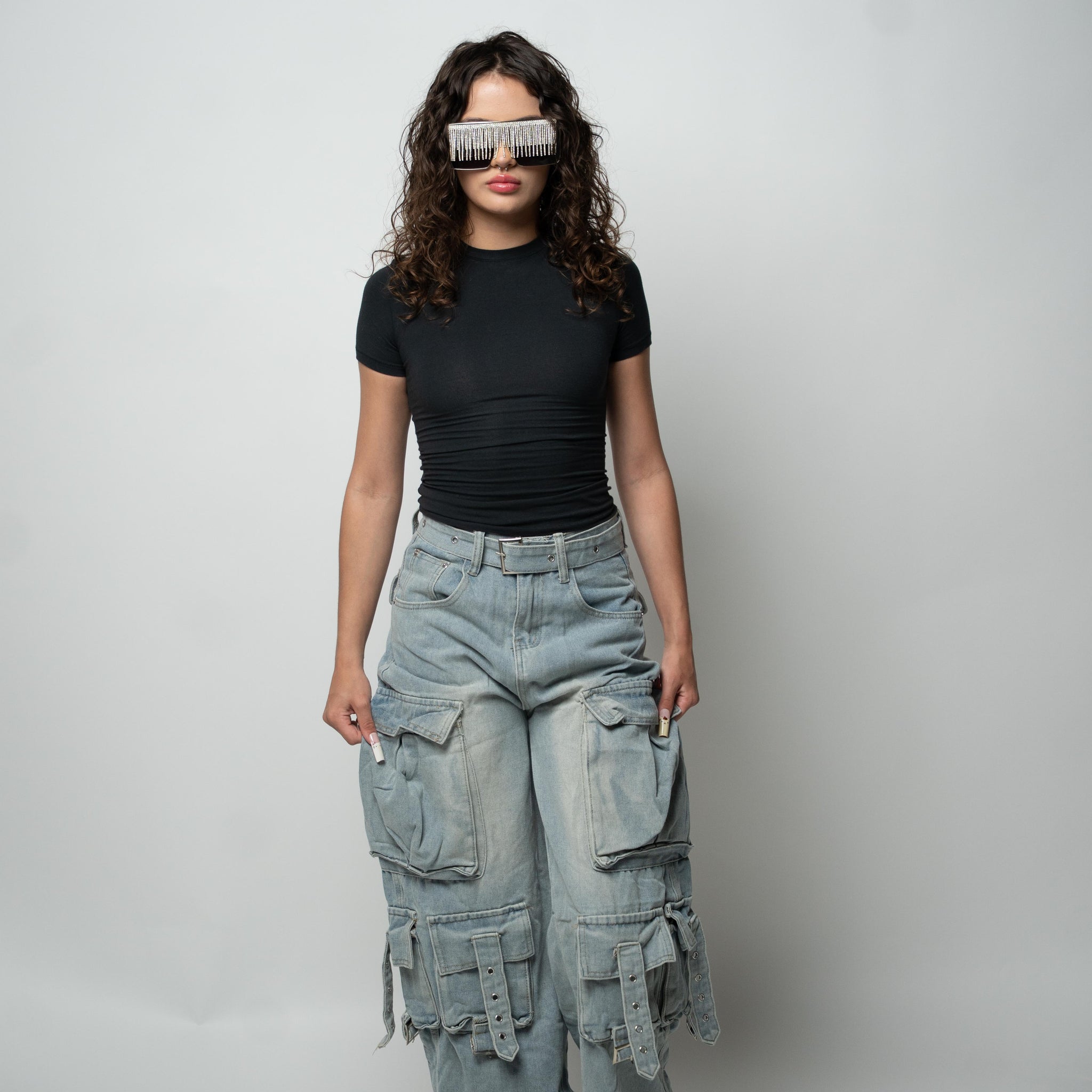 Mid Waist Cargo Denim Pants