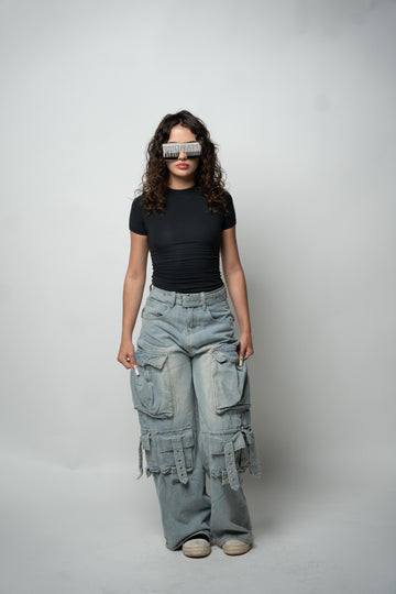 Mid Waist Cargo Denim Pants