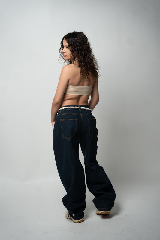 Washed Wide Leg Stitching Jeans